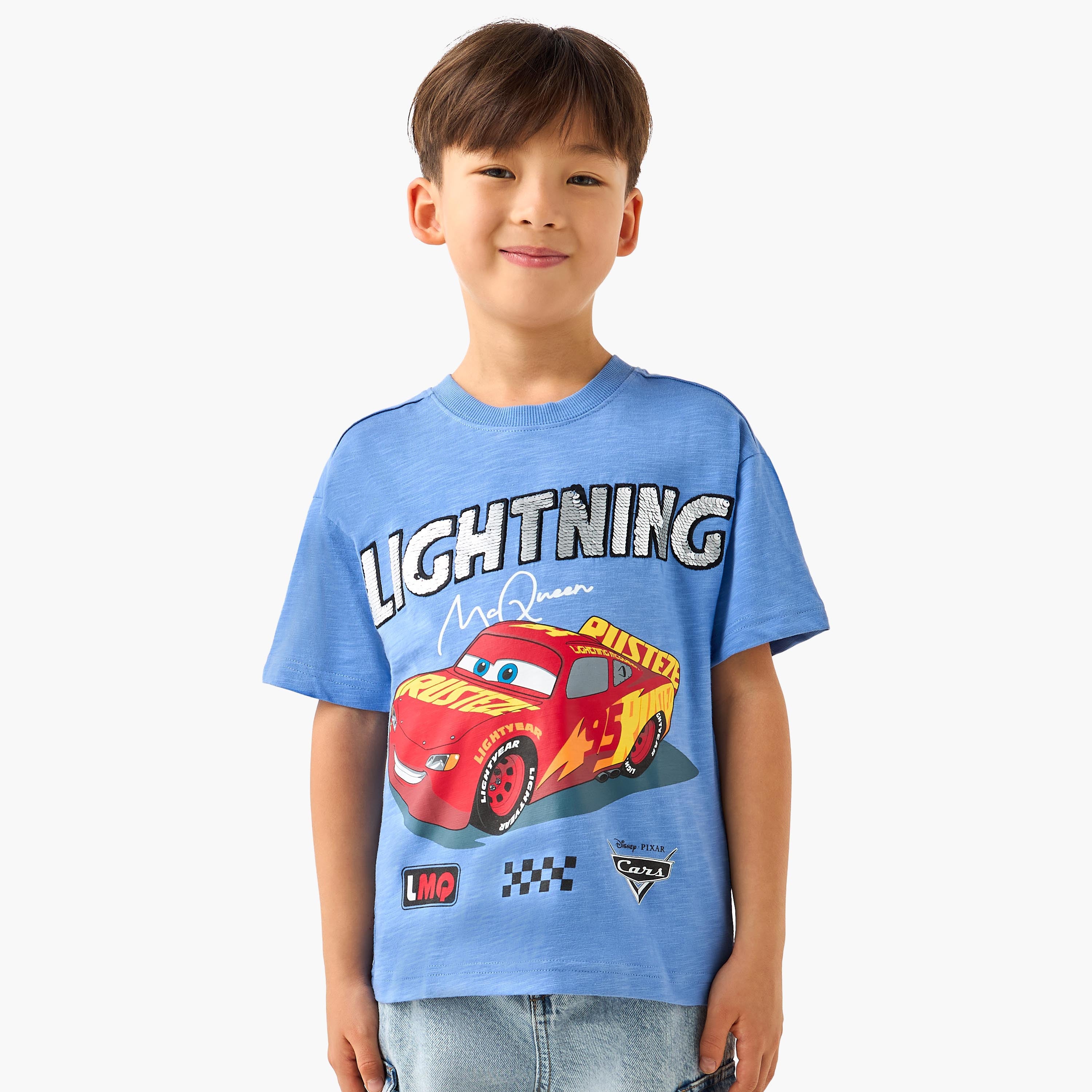 Disney Crew Neck Short Sleeves T-shirt with Lightning McQueen Print - Blue / 1-2 yrs
