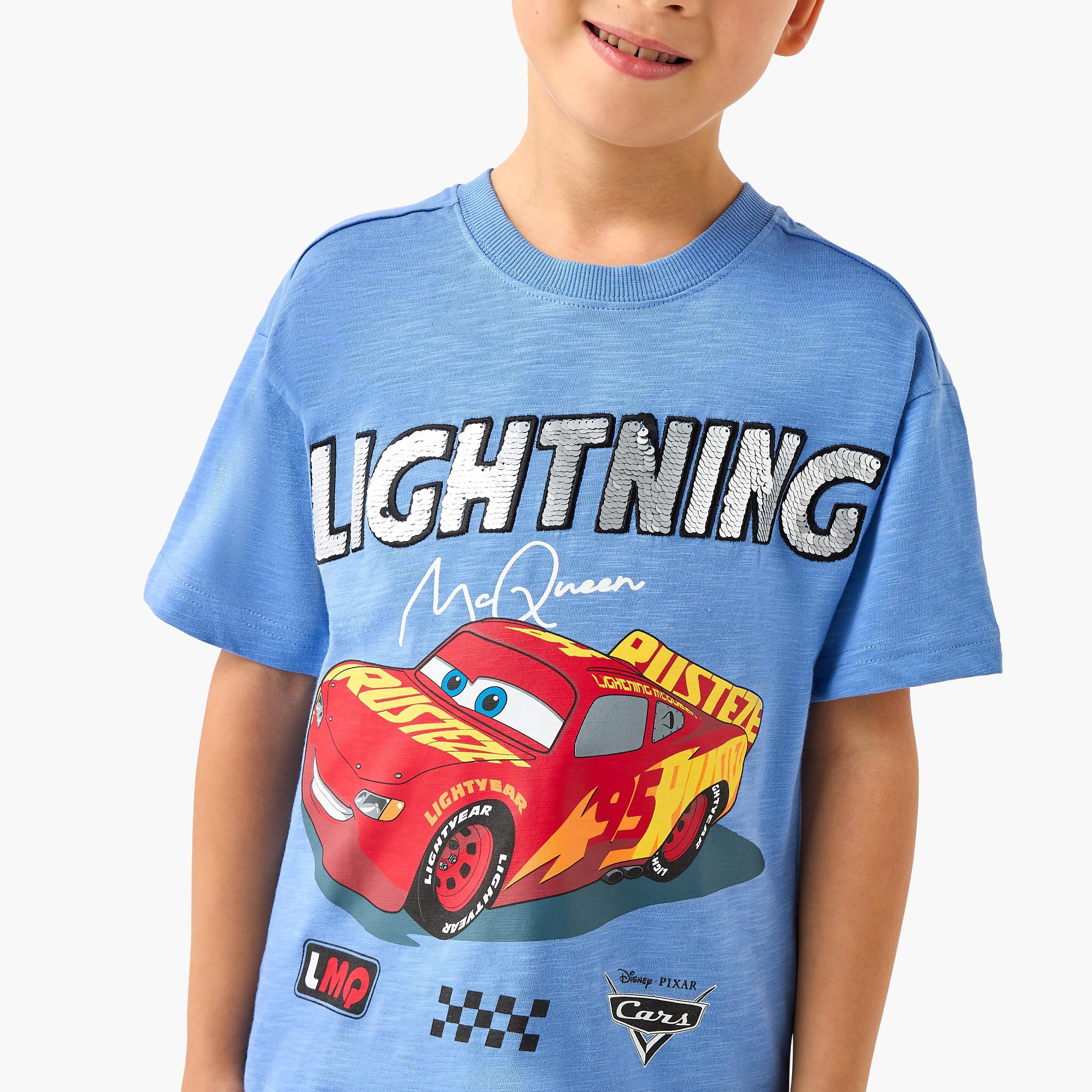 Disney Crew Neck Short Sleeves T-shirt with Lightning McQueen Print