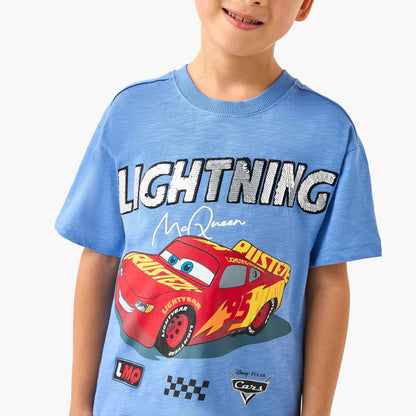 Disney Crew Neck Short Sleeves T-shirt with Lightning McQueen Print