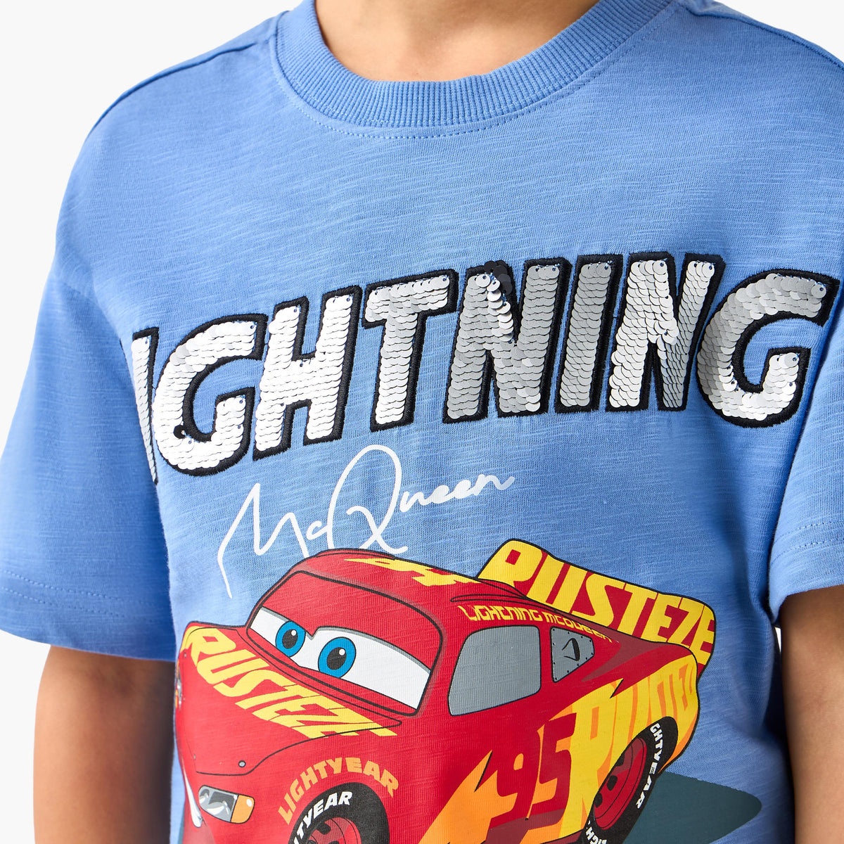 Disney Crew Neck Short Sleeves T-shirt with Lightning McQueen Print