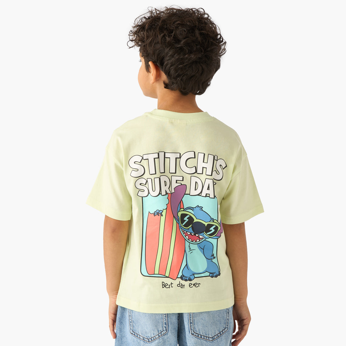 Disney Crew Neck Short Sleeves T-shirt with Stitch Print - Yellow / 1-2 yrs