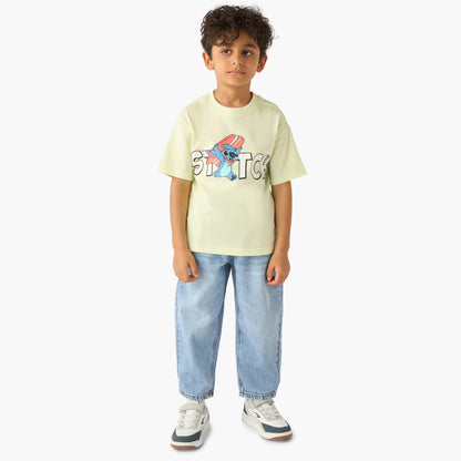 Disney Crew Neck Short Sleeves T-shirt with Stitch Print