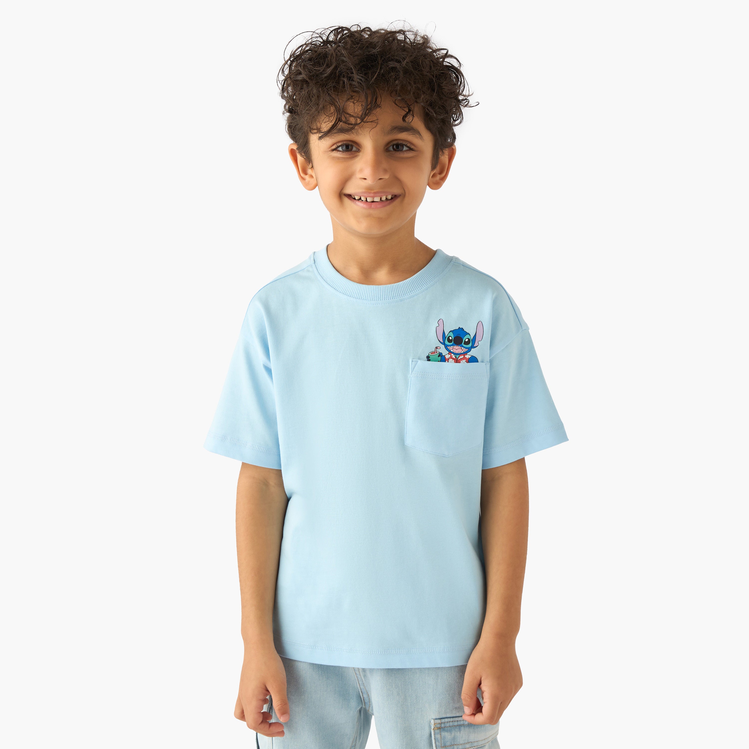 Disney Crew Neck Short Sleeve T-shirt with Stitch Print