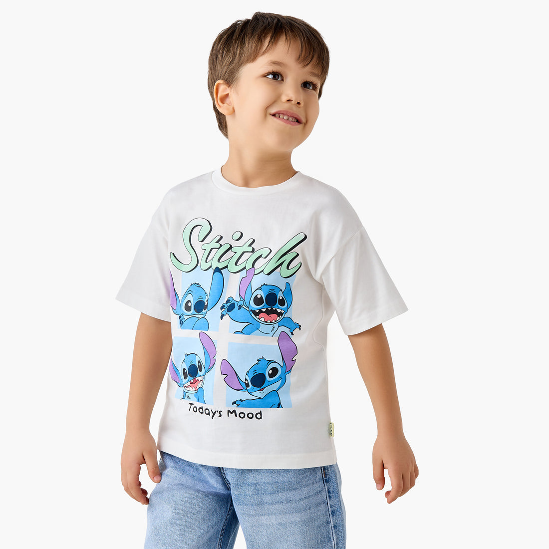 Disney Crew Neck Short Sleeves T-shirt with Stitch Print - White / 1-2 yrs