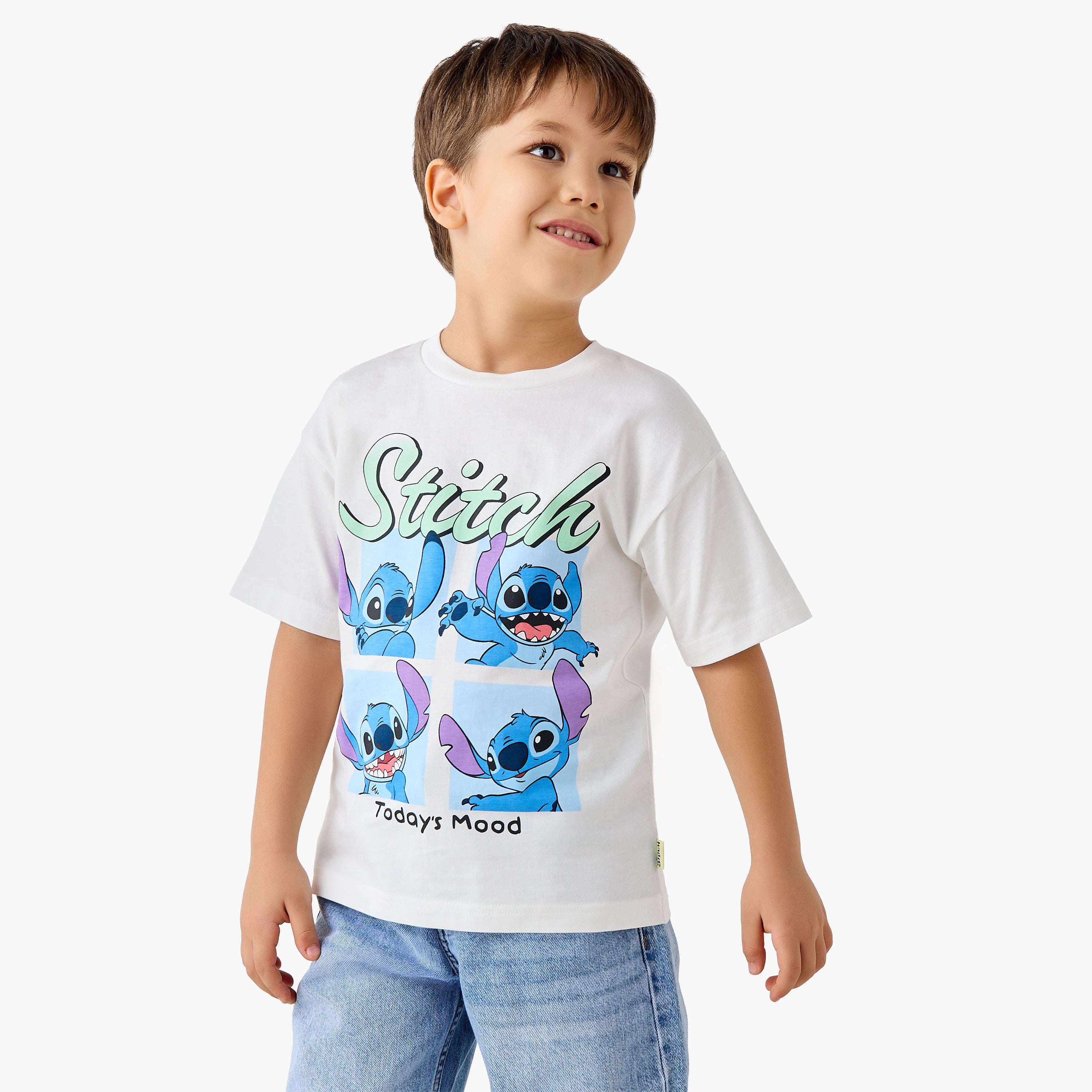 Disney Crew Neck Short Sleeves T-shirt with Stitch Print - White / 1-2 yrs