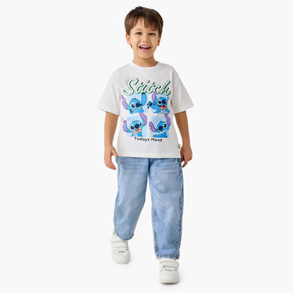 Disney Crew Neck Short Sleeves T-shirt with Stitch Print