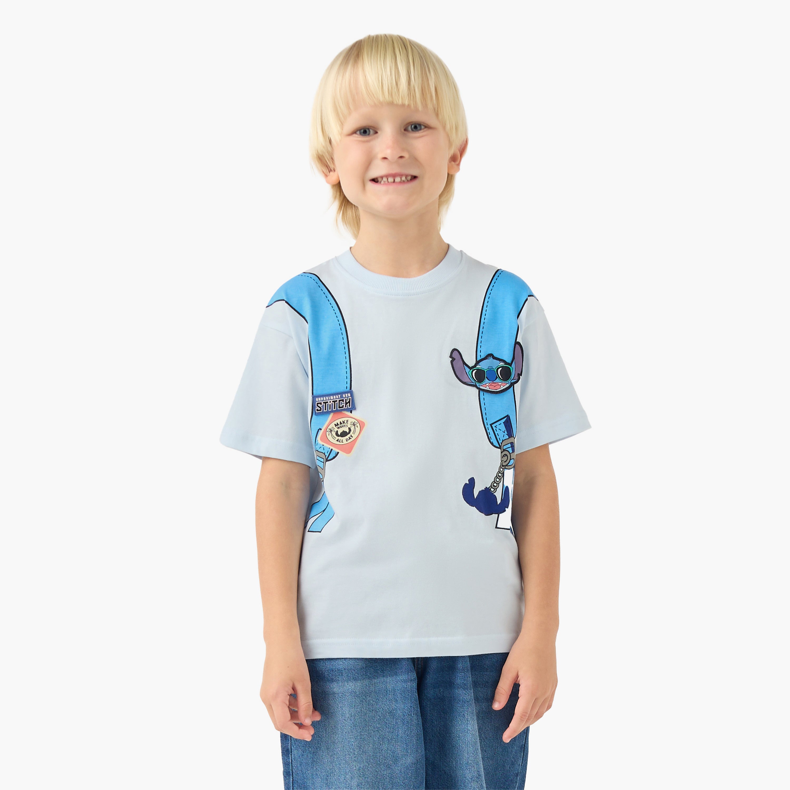 Disney Crew Neck Short Sleeves T-shirt with Stitch Print
