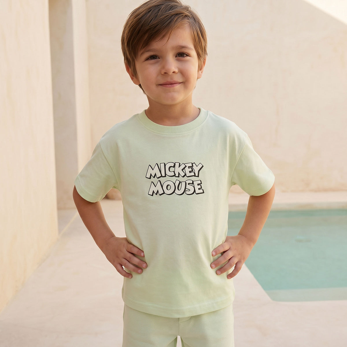 Disney Crew Neck Short Sleeve T-shirt and Shorts Set with Mickey Mouse Print