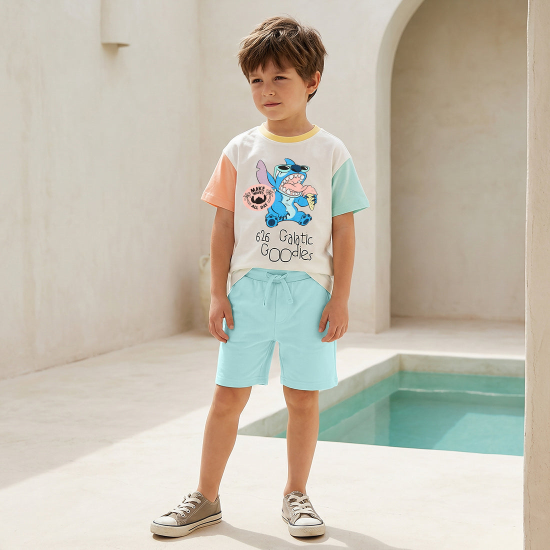 Disney Crew Neck Short Sleeve T-shirt and Shorts Set with Stitch Print - Blue / 6-7 yrs