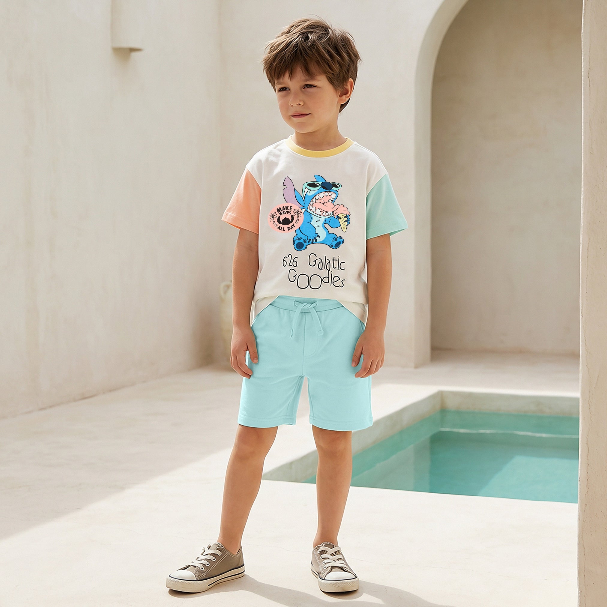 Disney Crew Neck Short Sleeve T-shirt and Shorts Set with Stitch Print - Blue / 6-7 yrs