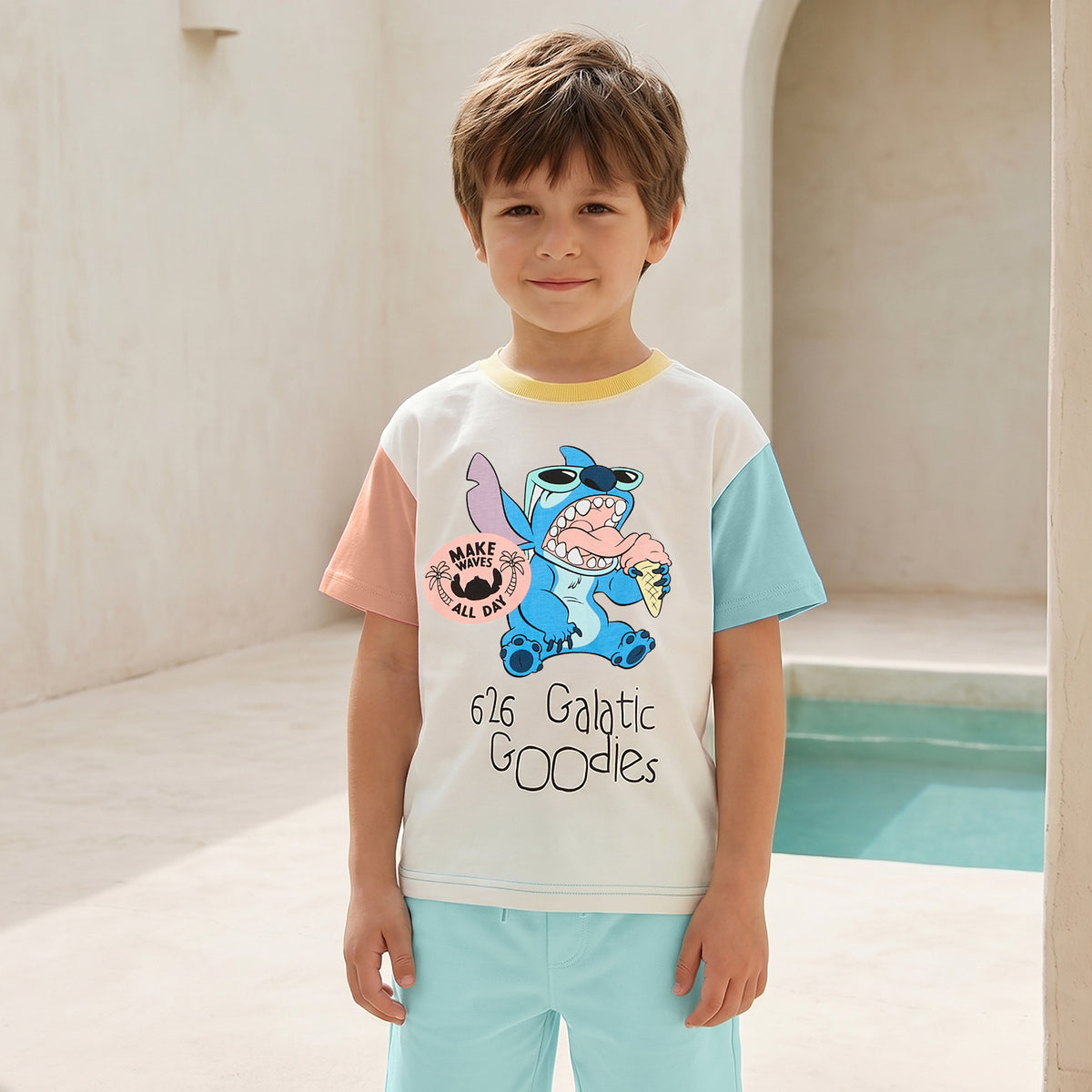 Disney Crew Neck Short Sleeve T-shirt and Shorts Set with Stitch Print