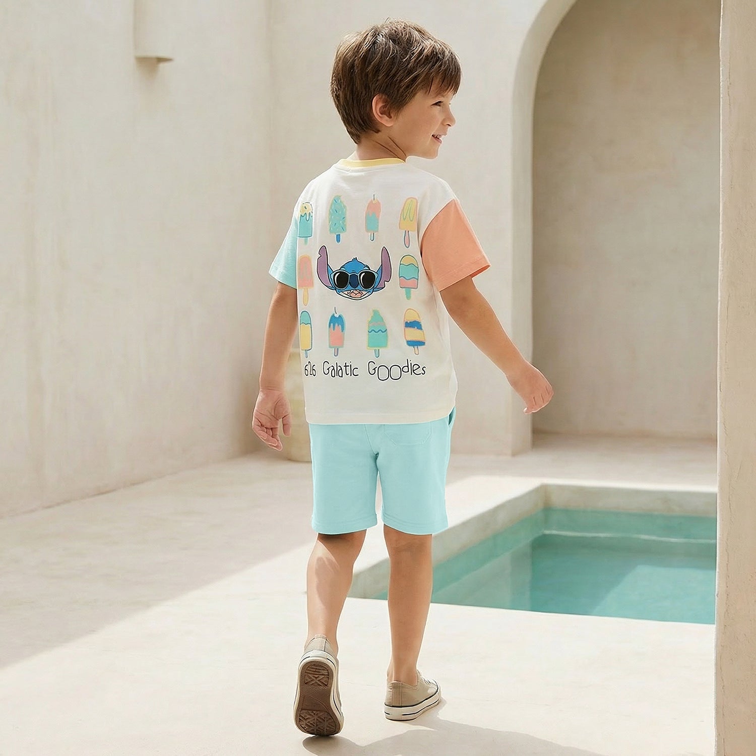 Disney Crew Neck Short Sleeve T-shirt and Shorts Set with Stitch Print
