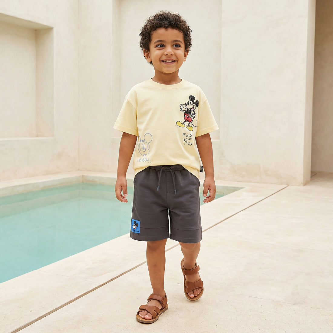 Disney Crew Neck Short Sleeve T-shirt and Shorts Set with Mickey Mouse Embroidery - Yellow / 4-5 yrs