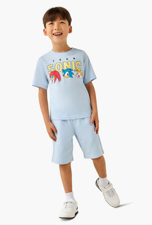 Crew Neck Short Sleeves T-shirt and Shorts Set with Sonic the Hedgehog Print