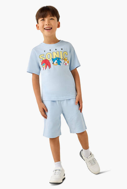Crew Neck Short Sleeves T-shirt and Shorts Set with Sonic the Hedgehog Print