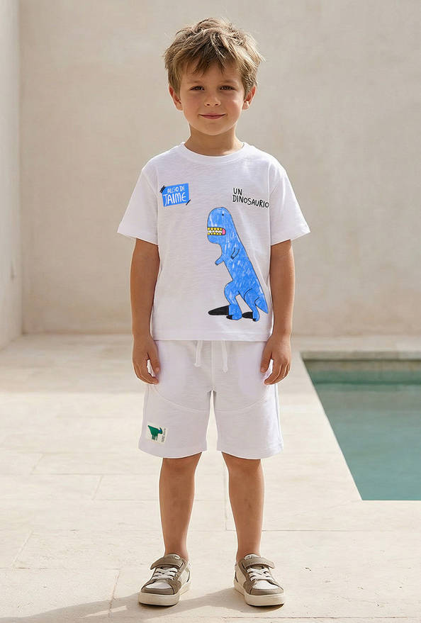 Seminal Crew Neck Short Sleeve T-shirt and Shorts Set with Dinosaur Print