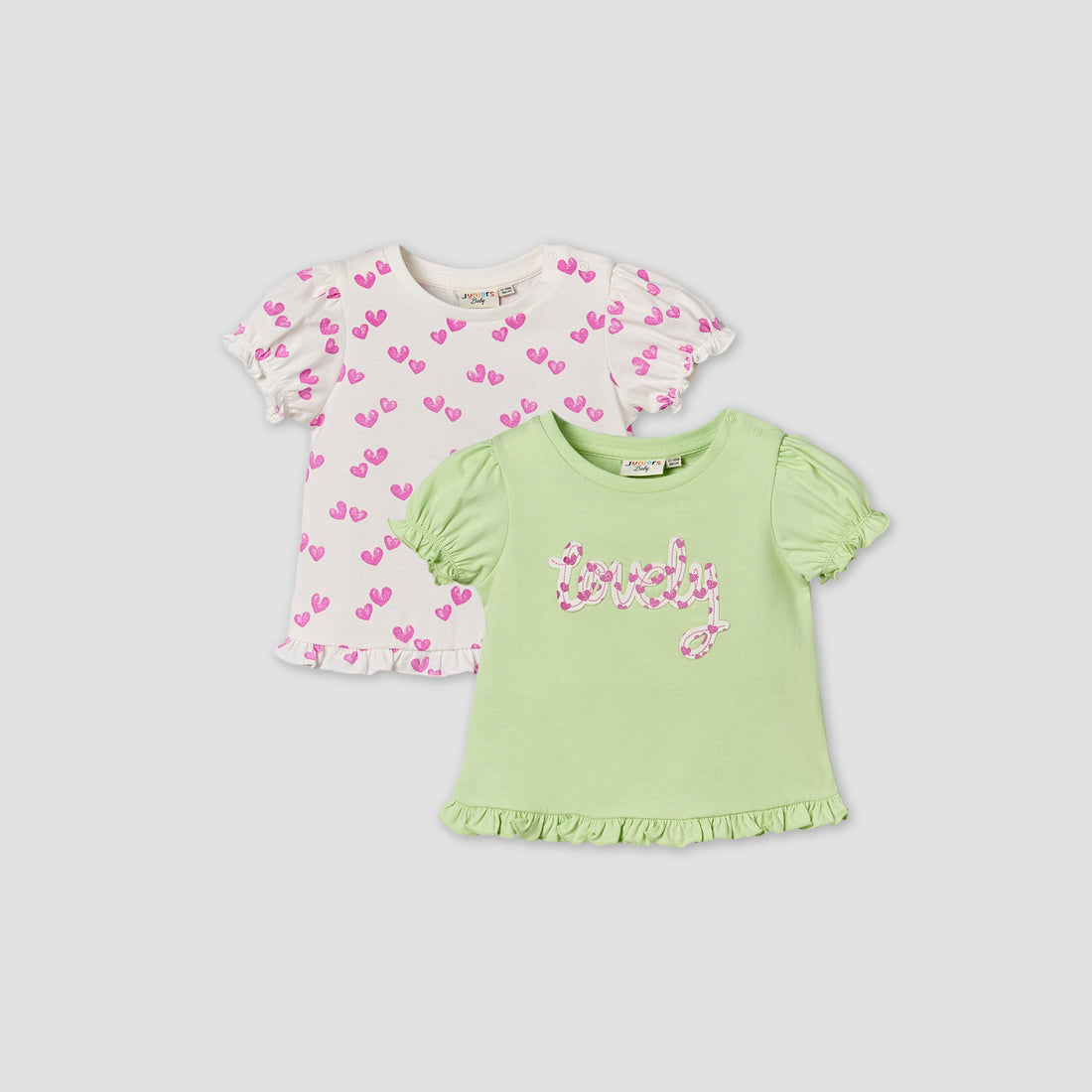 Pack of 2 Juniors Crew Neck Ruffle Sleeves T-shirt with Heart Print