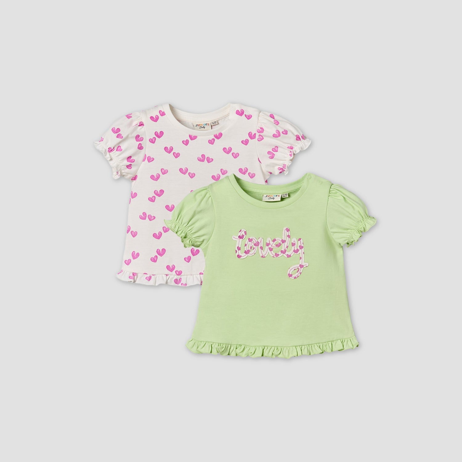 Pack of 2 Juniors Crew Neck Ruffle Sleeves T-shirt with Heart Print