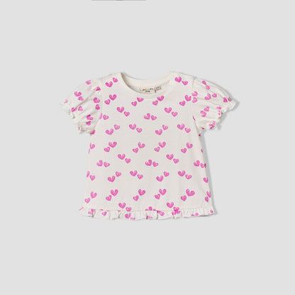 Pack of 2 Juniors Crew Neck Ruffle Sleeves T-shirt with Heart Print