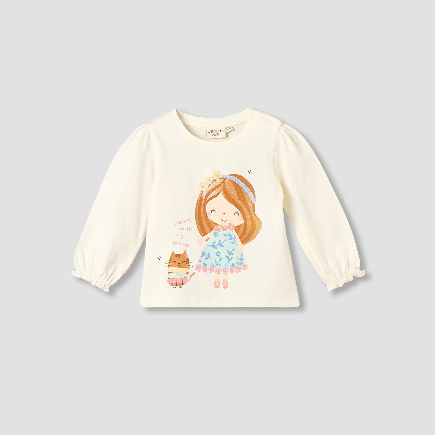 Juniors Crew Neck Long Sleeves T-shirt with Graphic Print - Cream / 12-18 mths