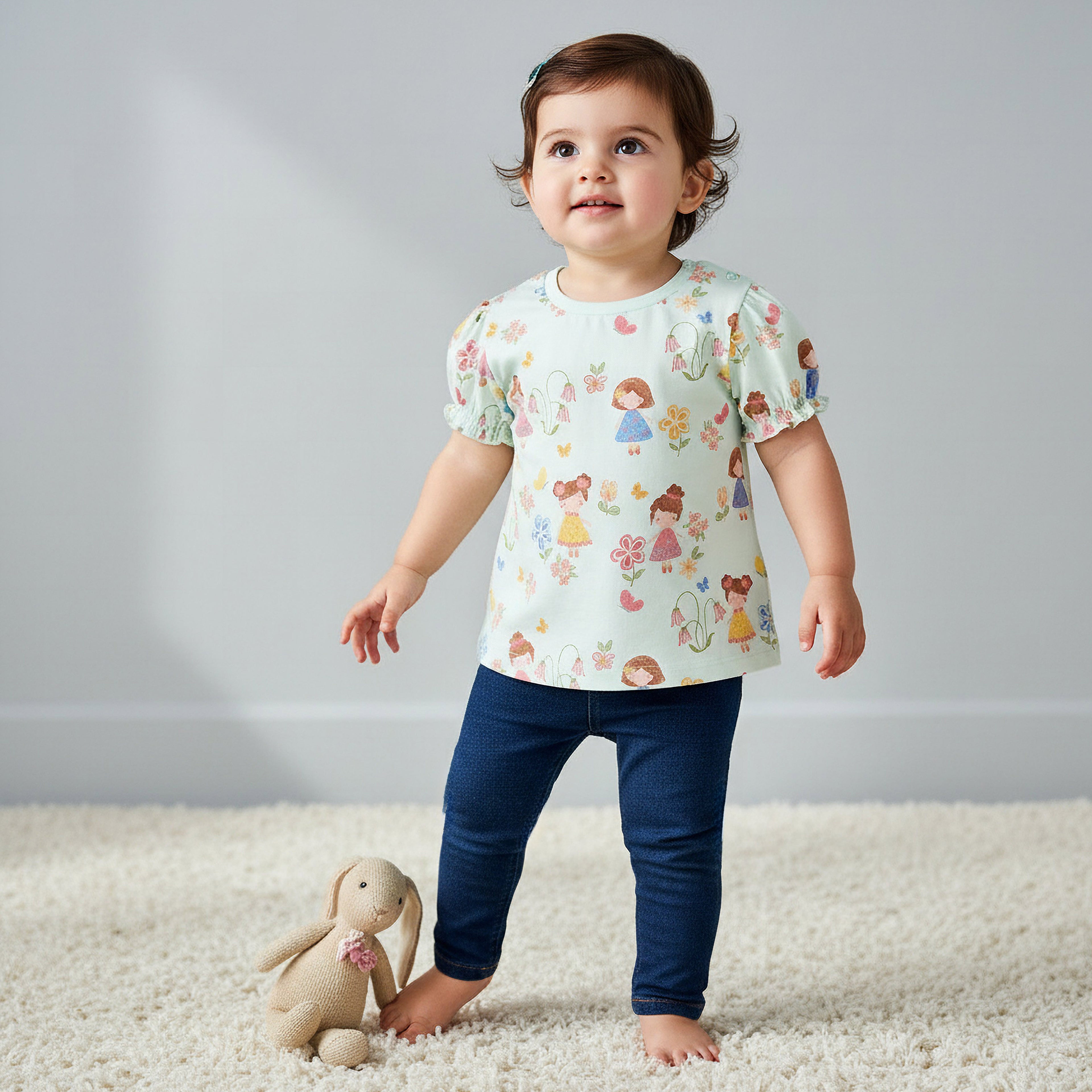 Juniors Crew Neck Short Sleeves T-shirt with Floral Print