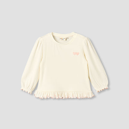 Juniors Crew Neck Long Sleeves T-shirt with Heart Applique - Cream / 12-18 mths