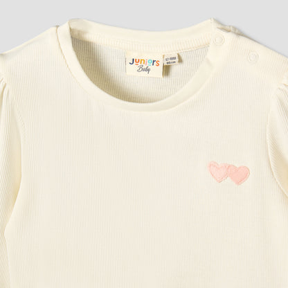 Juniors Crew Neck Long Sleeves T-shirt with Heart Applique