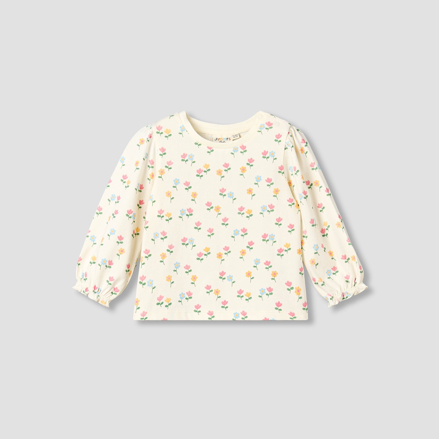 Juniors Crew Neck Long Sleeves T-shirt with Floral Print - Cream / 12-18 mths