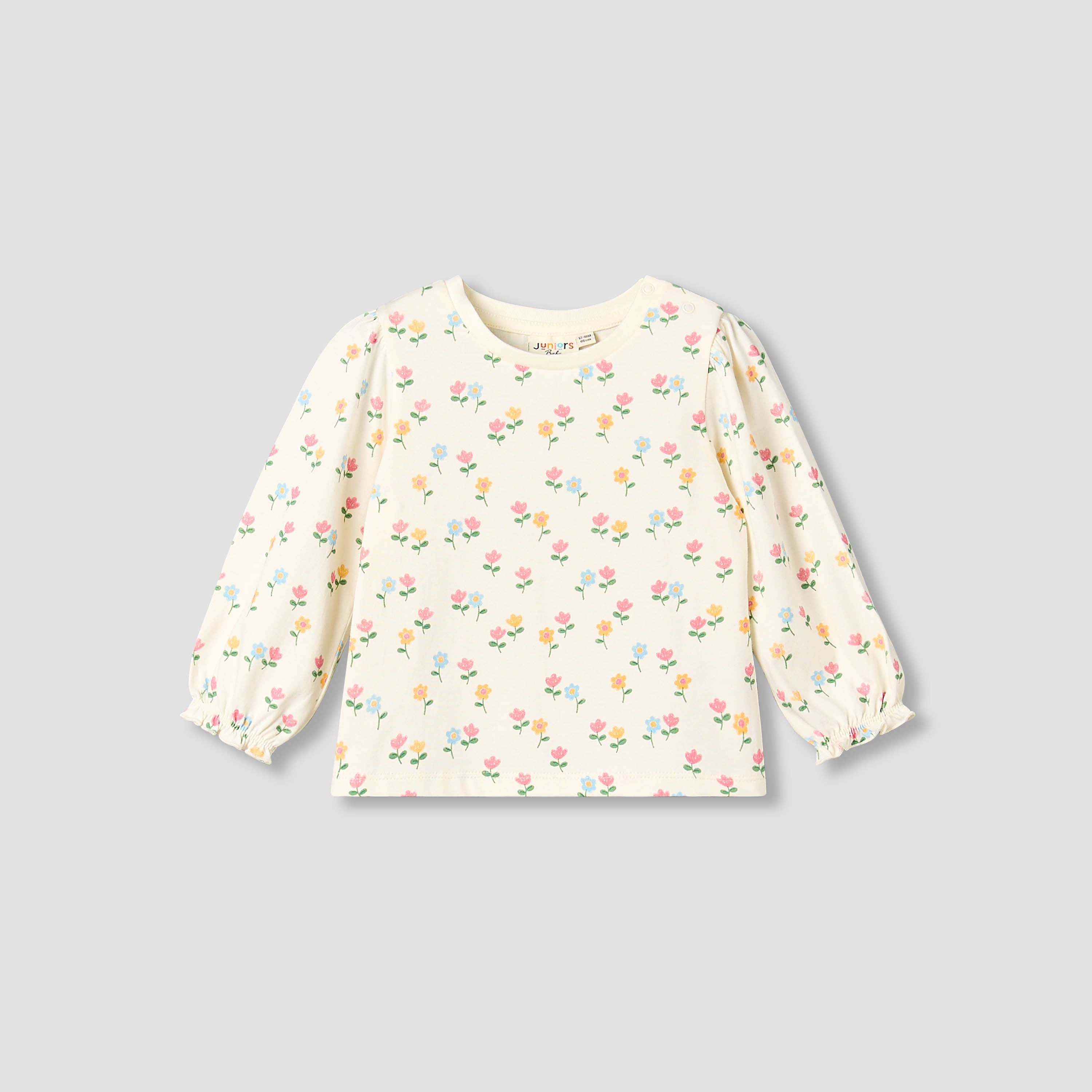 Juniors Crew Neck Long Sleeves T-shirt with Floral Print - Cream / 12-18 mths
