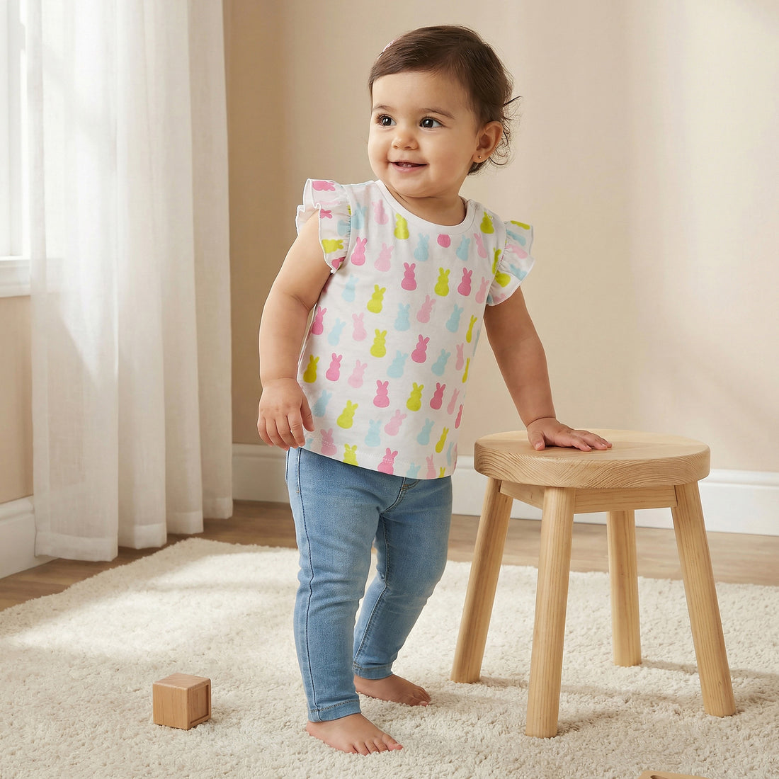 Juniors Round Neck Cap Sleeves T-shirt with Bunny Print