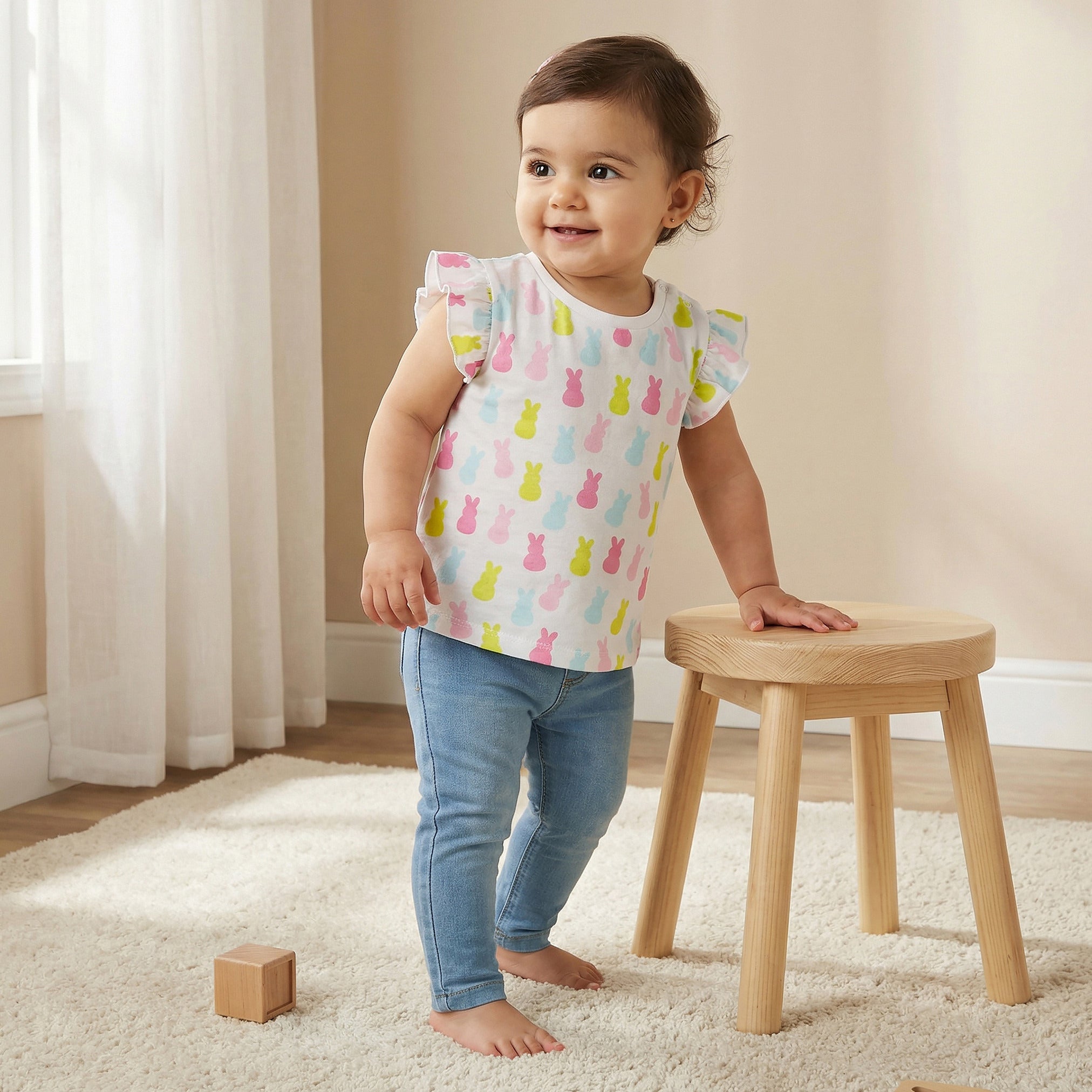 Juniors Round Neck Cap Sleeves T-shirt with Bunny Print