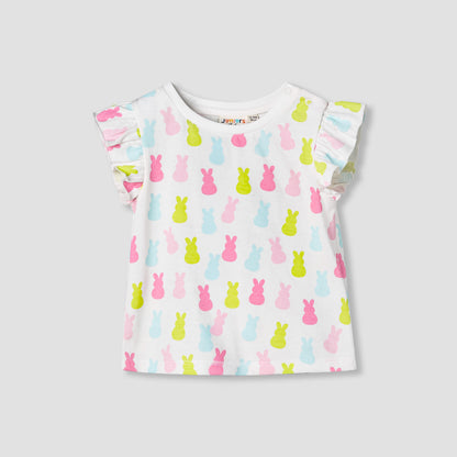 Juniors Round Neck Cap Sleeves T-shirt with Bunny Print