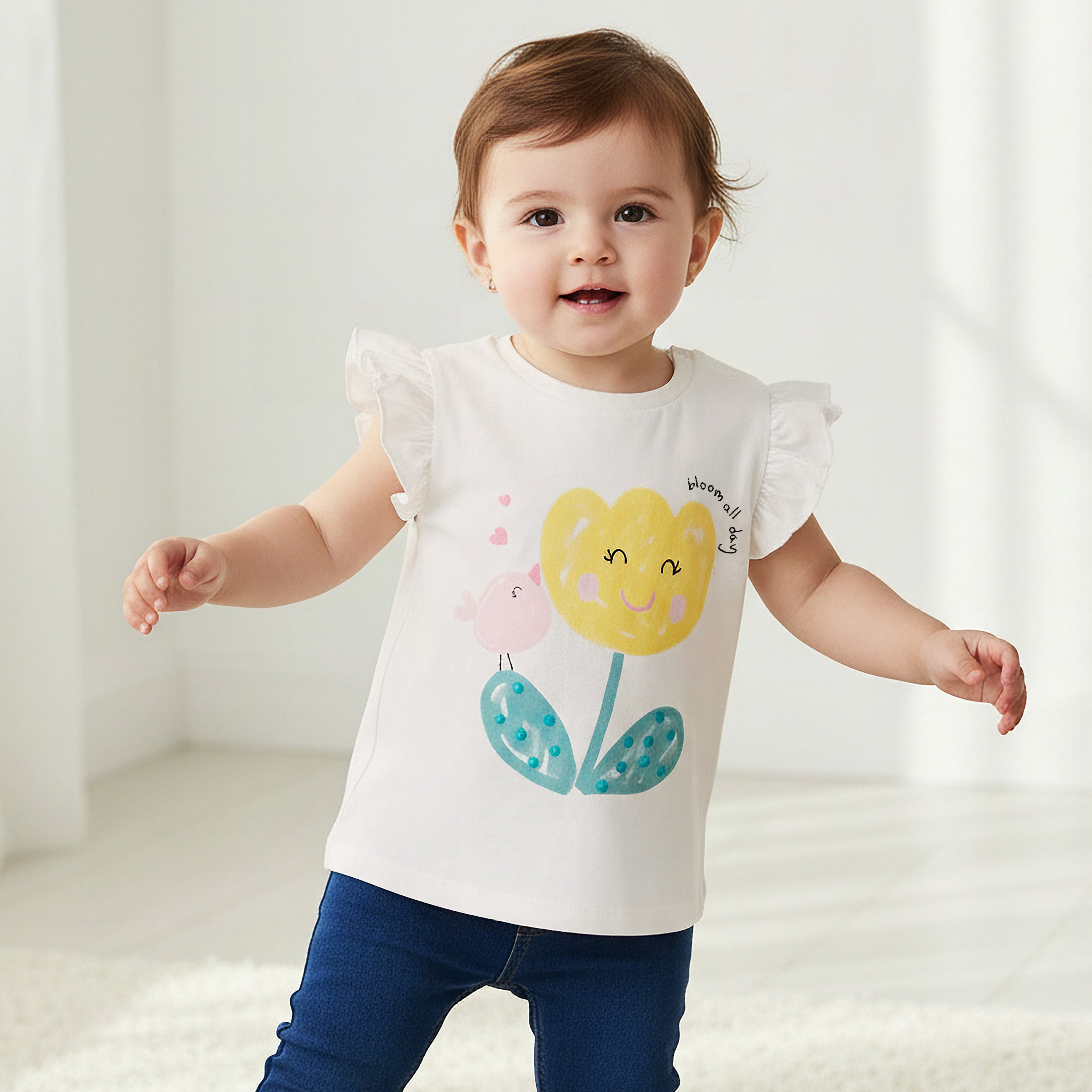 Juniors Round Neck Cap Sleeves T-shirt with Bunny Print
