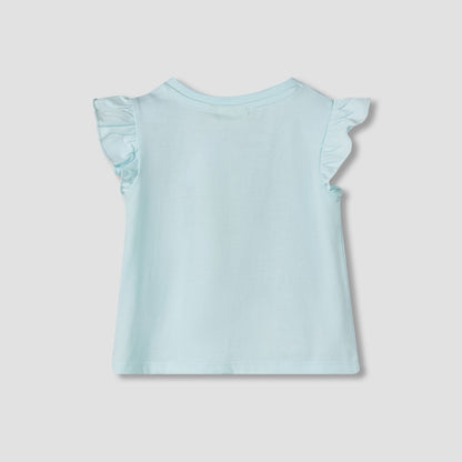 Juniors Crew Neck Short Ruffle Cap Sleeves T-shirt with Stripes