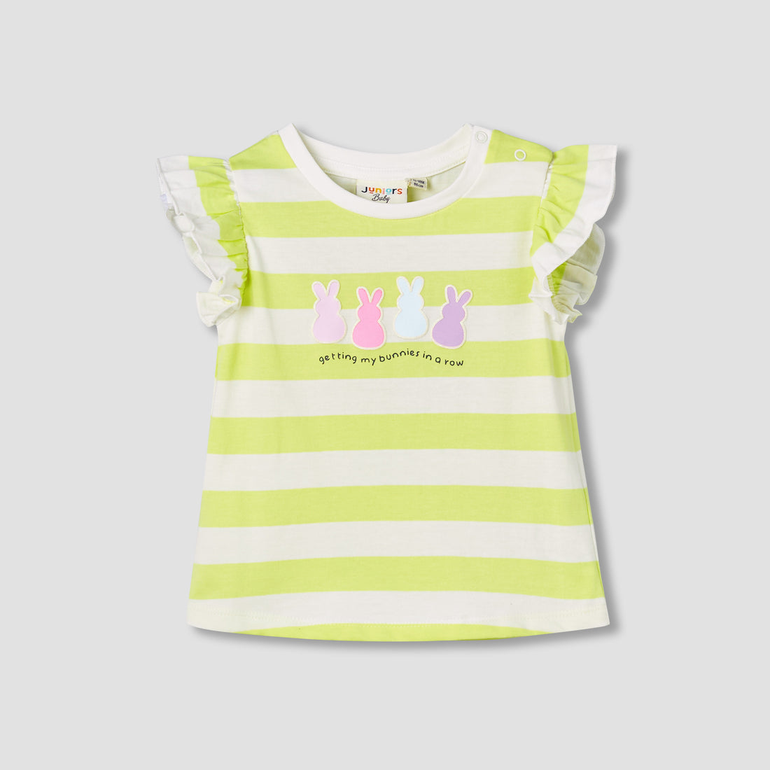 Juniors Crew Neck Short Ruffle Cap Sleeves T-shirt with Stripes - Pink / 12-18 mths
