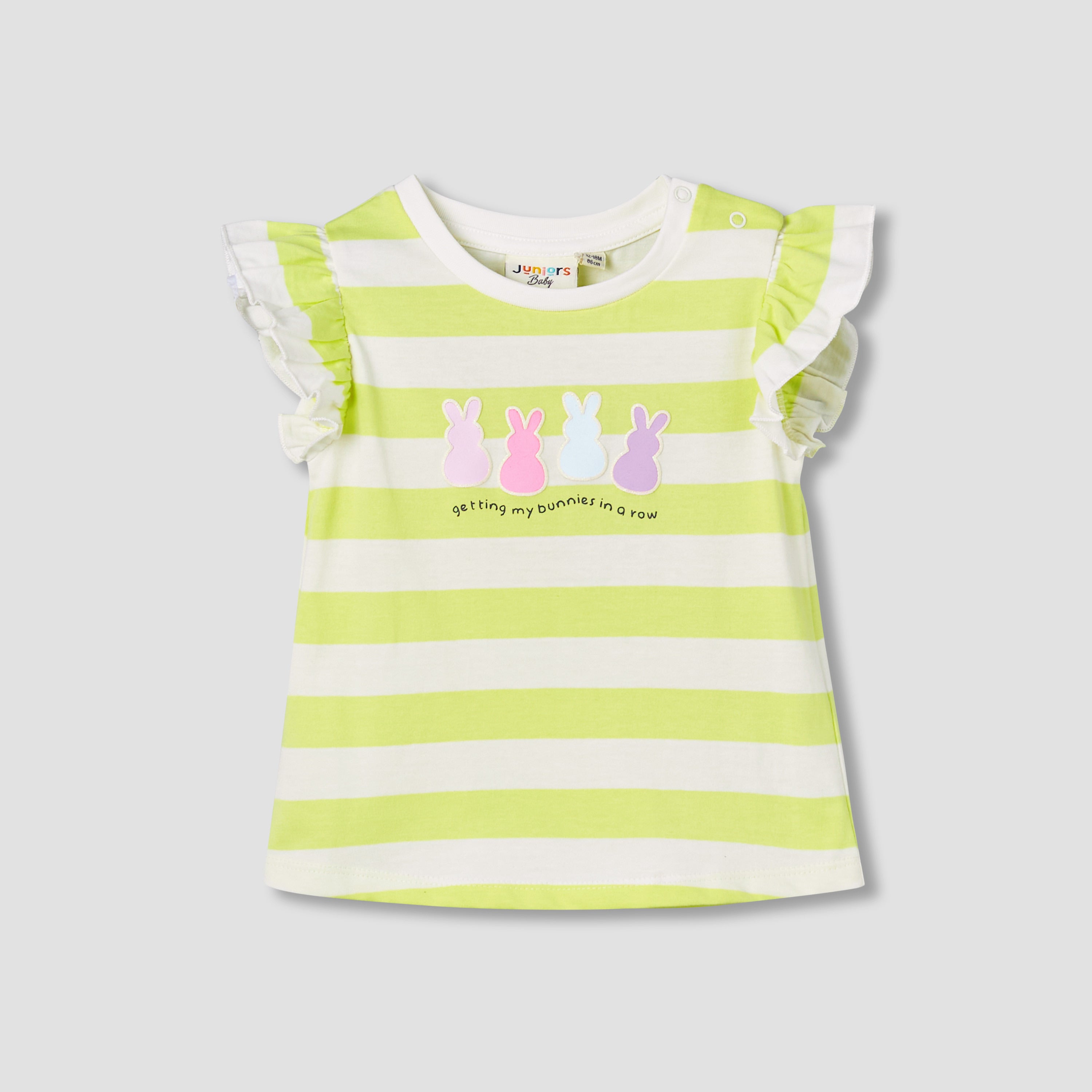 Juniors Crew Neck Short Ruffle Cap Sleeves T-shirt with Stripes - Pink / 12-18 mths
