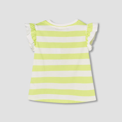 Juniors Crew Neck Short Ruffle Cap Sleeves T-shirt with Stripes