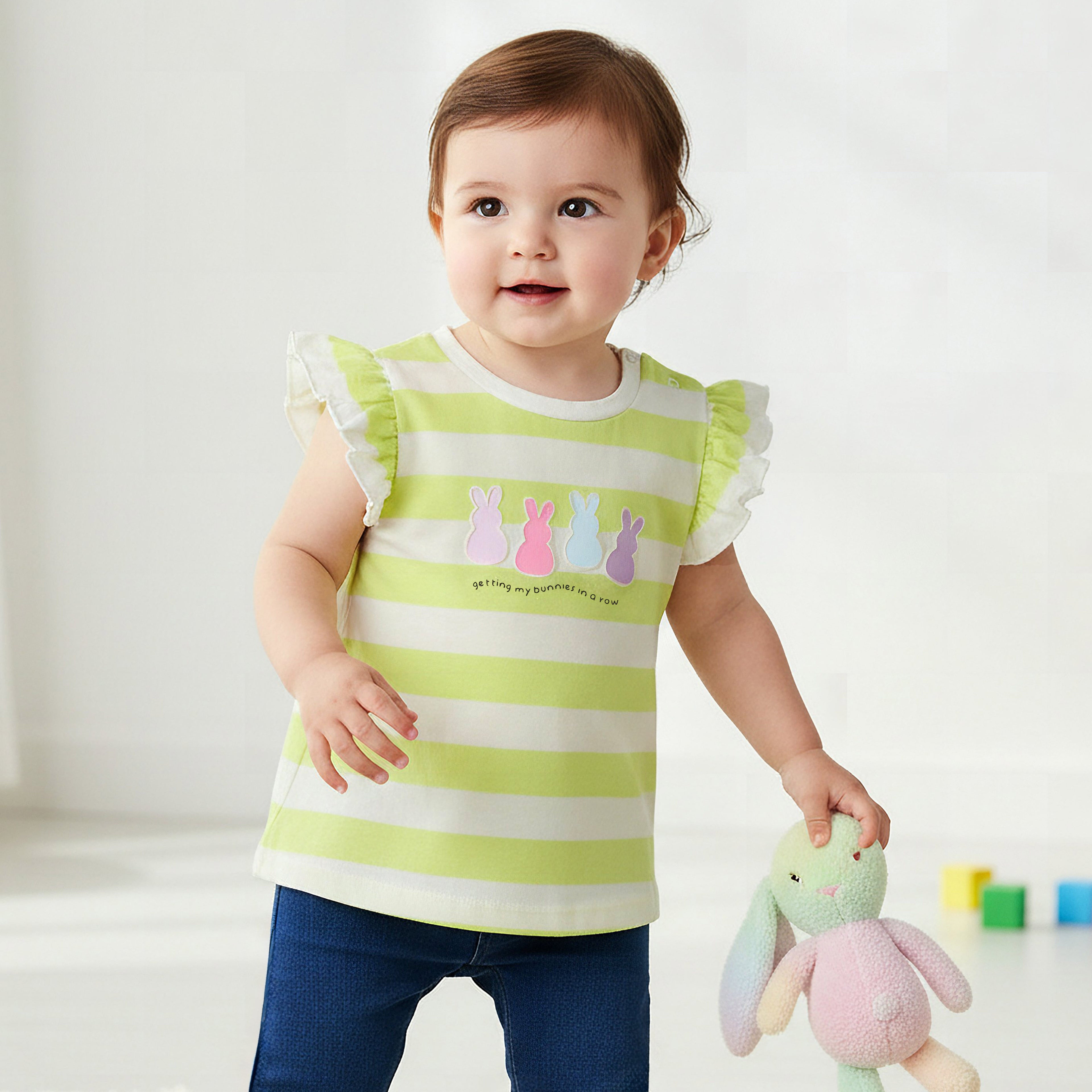 Juniors Crew Neck Short Ruffle Cap Sleeves T-shirt with Stripes