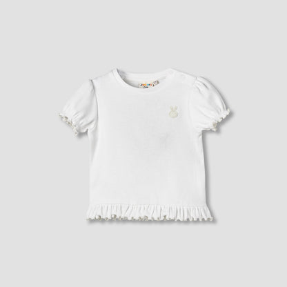 Juniors Crew Neck Short Puff Sleeves T-shirt with Ribbed Texture
