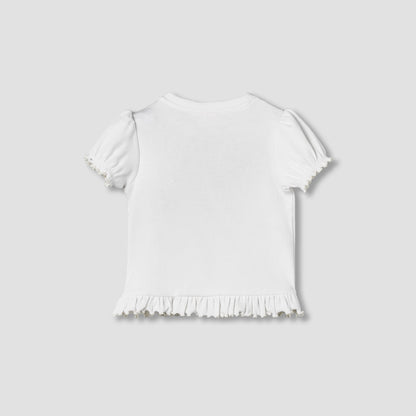 Juniors Crew Neck Short Puff Sleeves T-shirt with Ribbed Texture