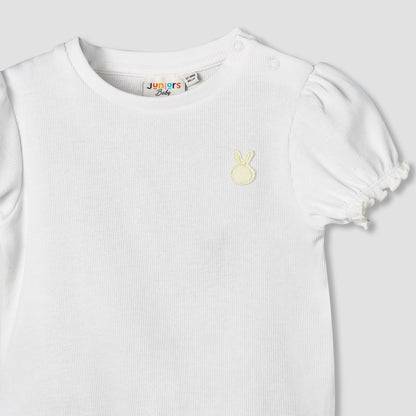 Juniors Crew Neck Short Puff Sleeves T-shirt with Ribbed Texture