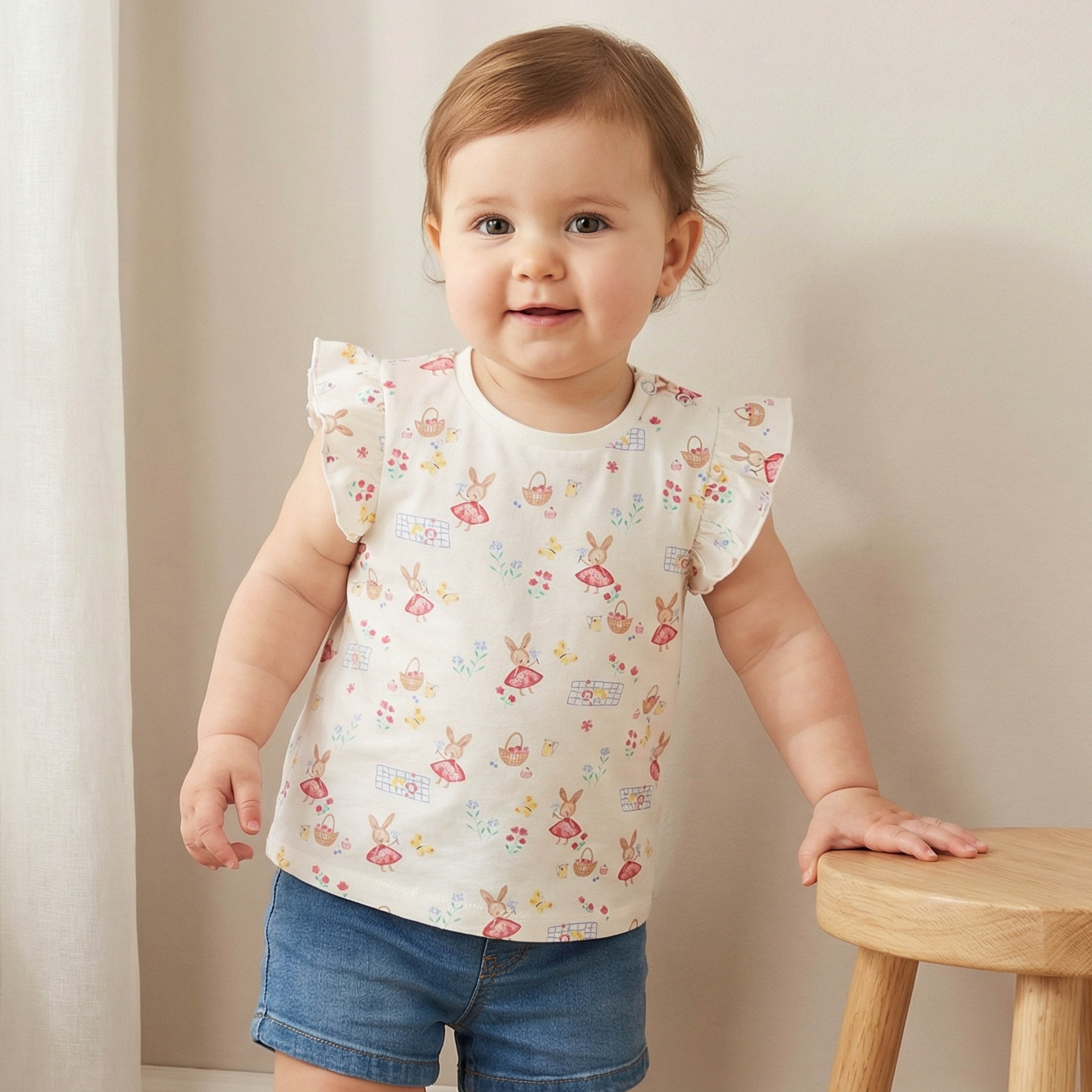 Juniors Round Neck Sleeveless T-shirt with Bunny Print