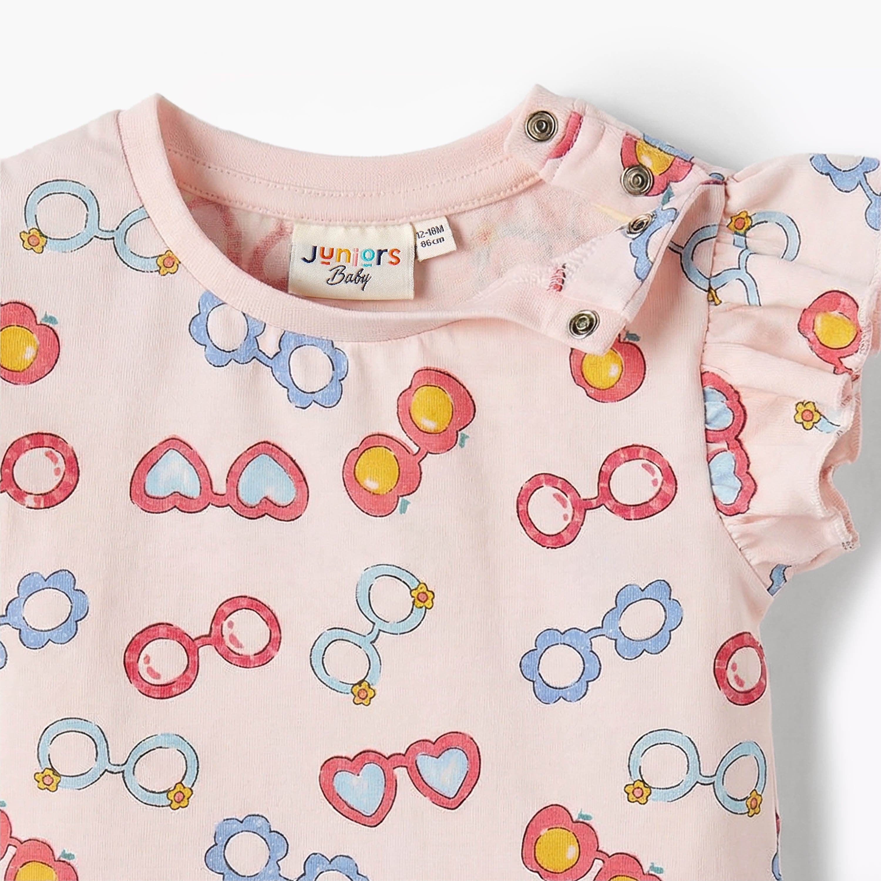 Juniors Round Neck Sleeveless T-shirt with Sunglass Print