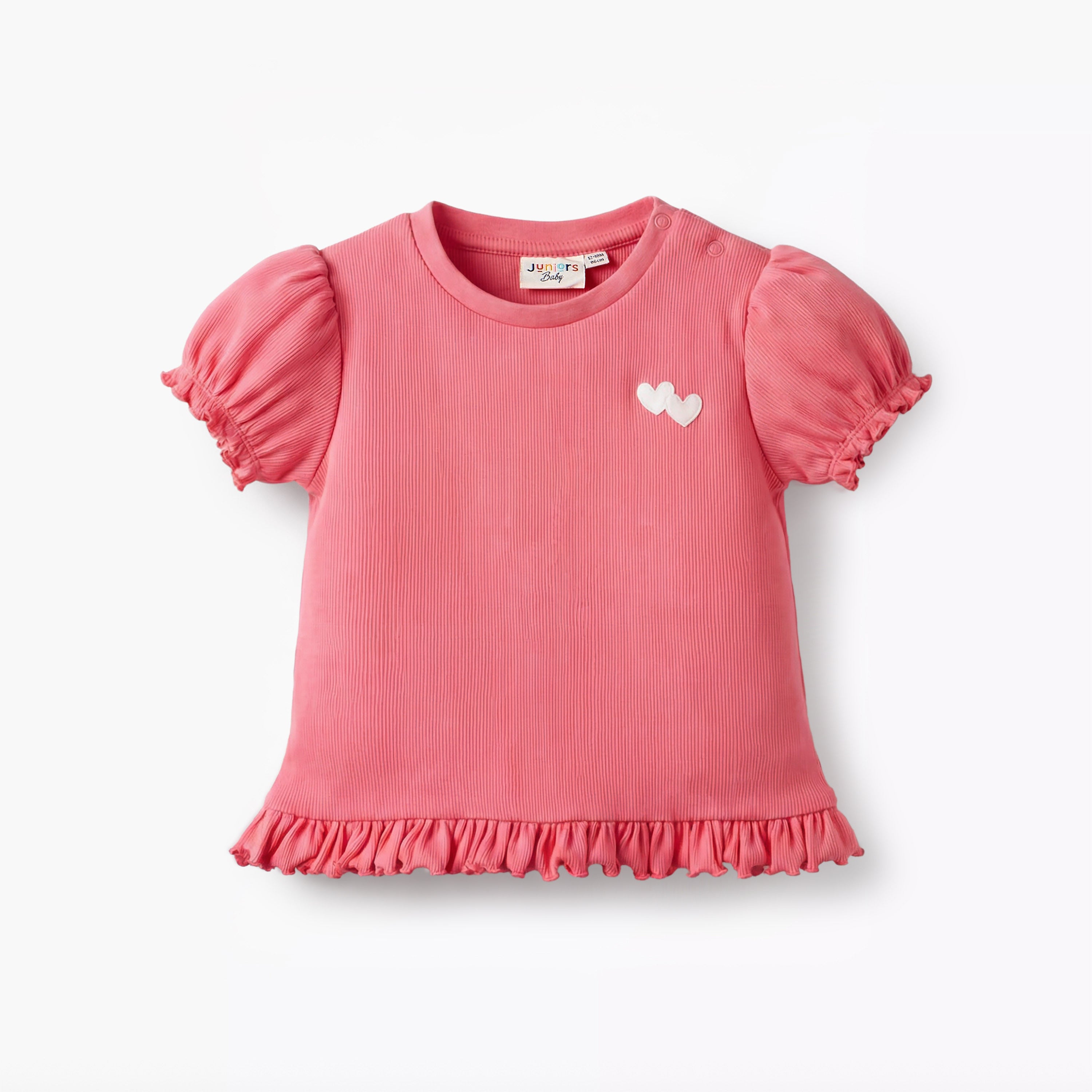 Juniors Round Neck Short Sleeves T-shirt with Heart Applique - Pink / 12-18 mths