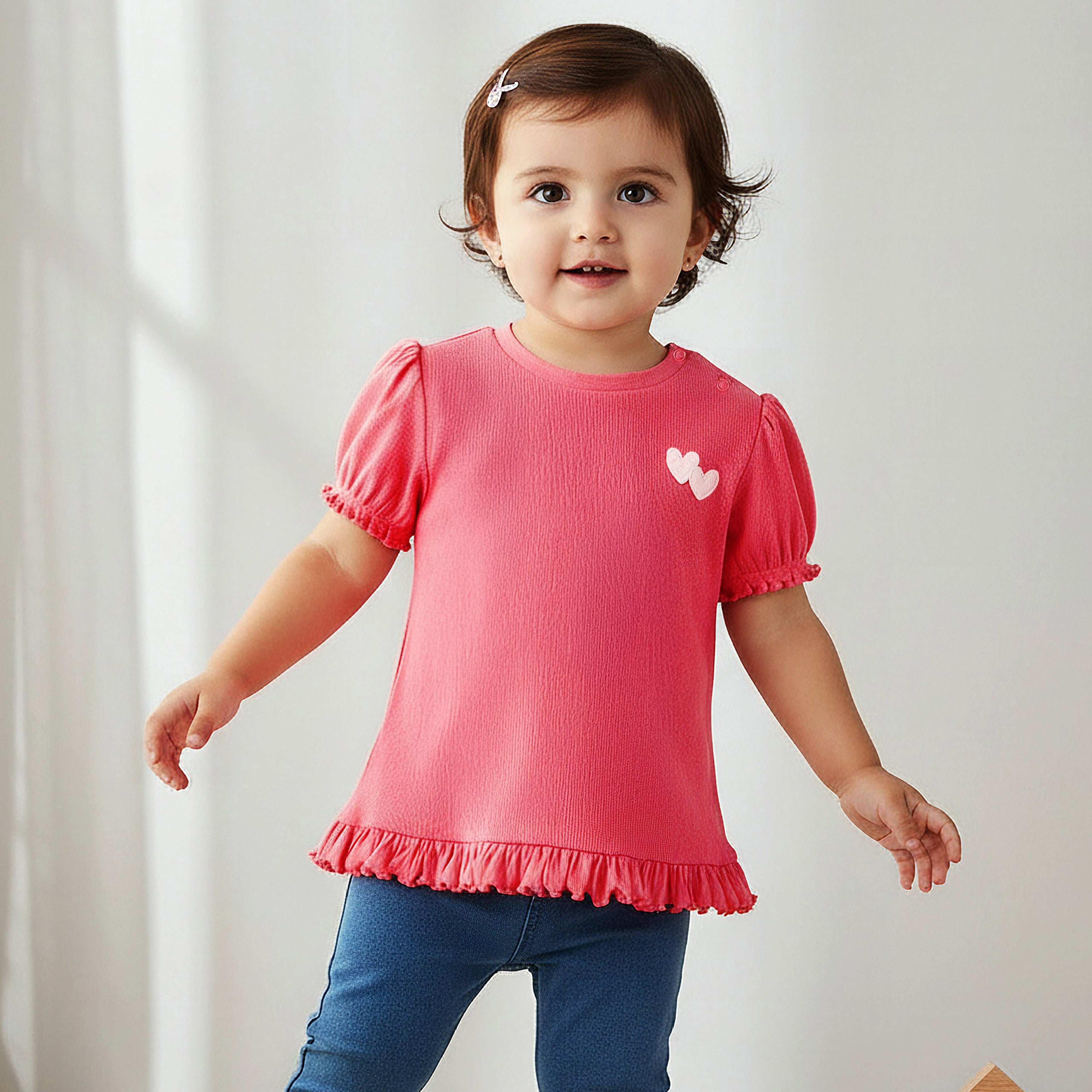 Juniors Round Neck Short Sleeves T-shirt with Heart Applique