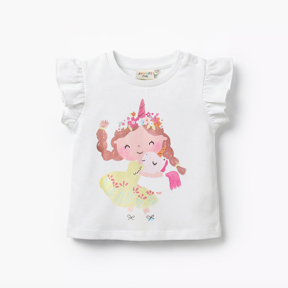 Juniors Round Neck Ruffle Sleeves T-shirt with Unicorn Print - White / 12-18 mths