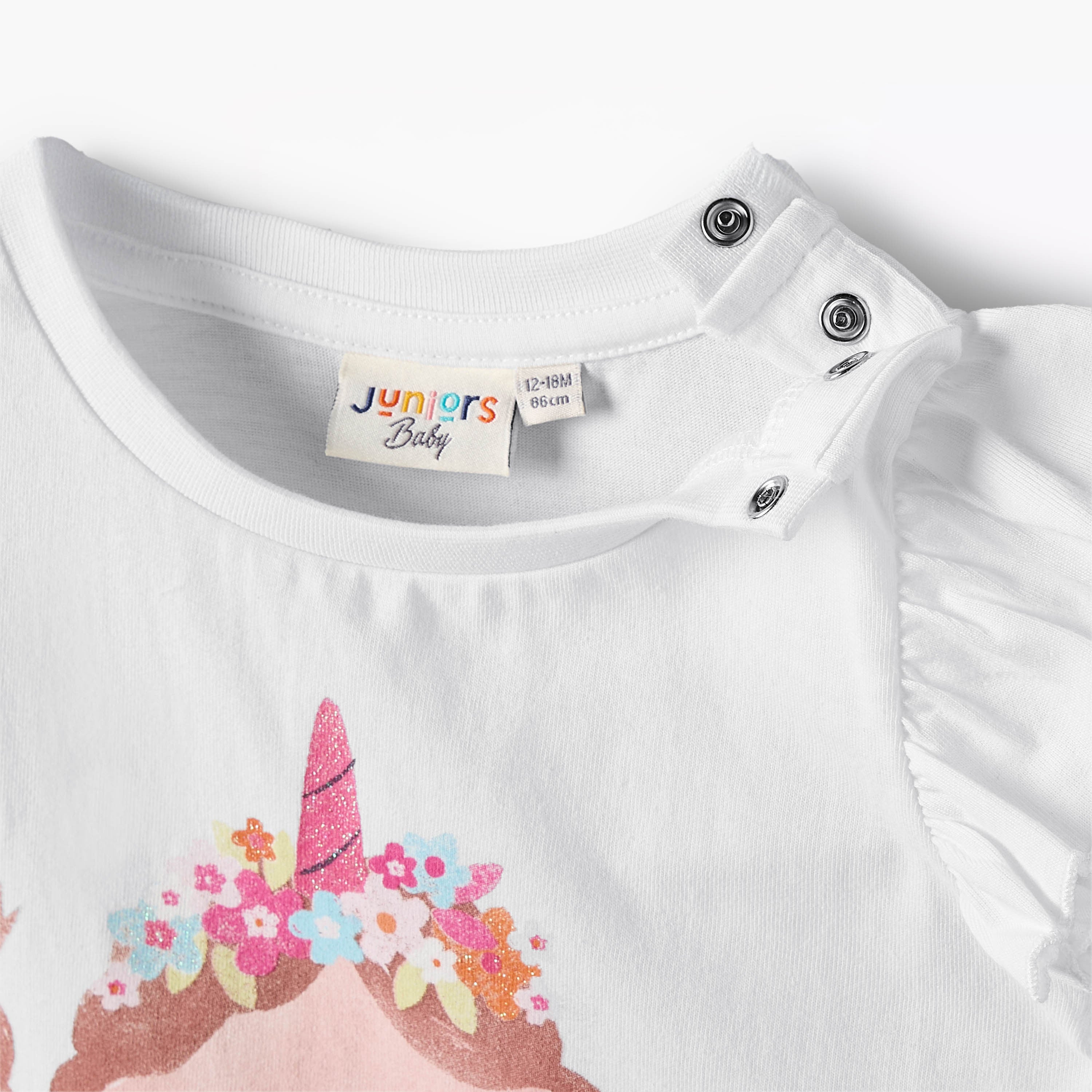 Juniors Round Neck Ruffle Sleeves T-shirt with Unicorn Print