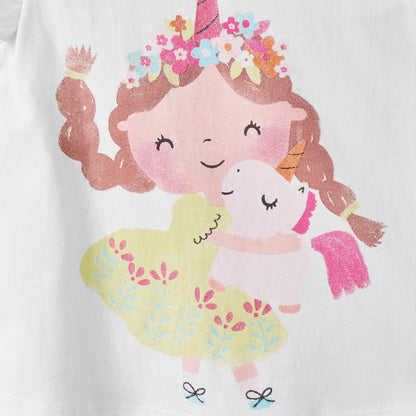 Juniors Round Neck Ruffle Sleeves T-shirt with Unicorn Print