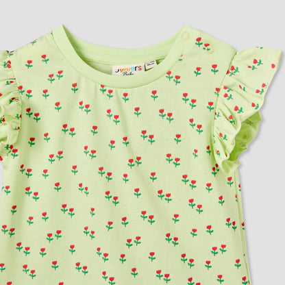 Juniors Round Neck Sleeveless T-shirt with Floral Print