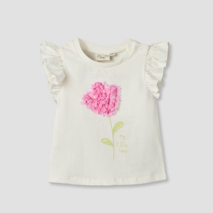 Juniors Round Neck Sleeveless T-shirt with Flower Applique - Cream / 12-18 mths